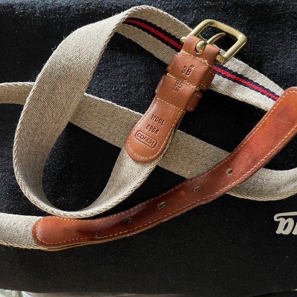 Vintage COACH Wool Leather Belt Brass Buckle Blue Red Stripe Size 38 Unisex 8904 - Picture 1 of 4